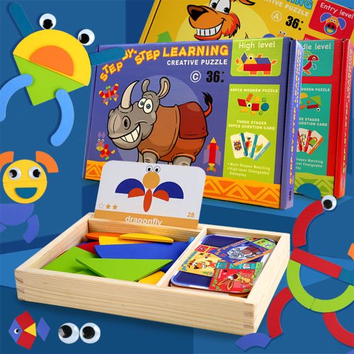 Mágneses tangram fajáték angol kártyákkal, haladó szint